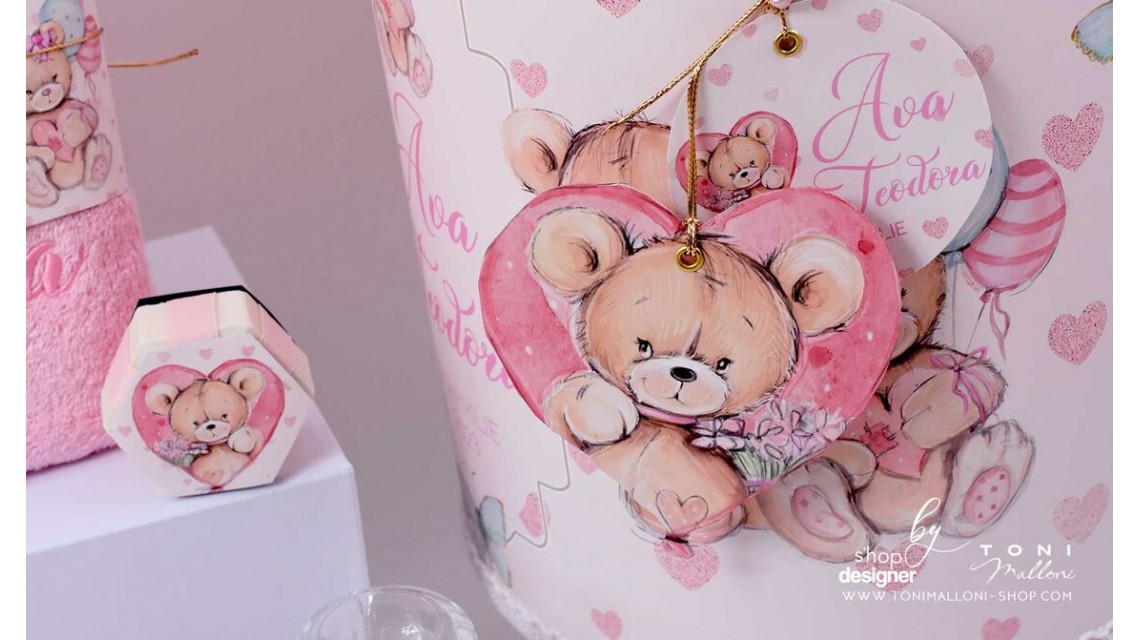 Trusou de botez cu ursuleti roz si inimioare Teddy Bear Pink Hearts 10
